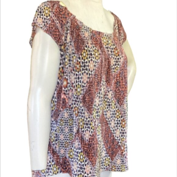 Lauren Conrad Peasant Top Mixed Print Shimmer Micropleated M 64J - Picture 6 of 12